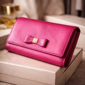 Mulberry Pink Leather Bow Continental Wallet Gold Hardware
